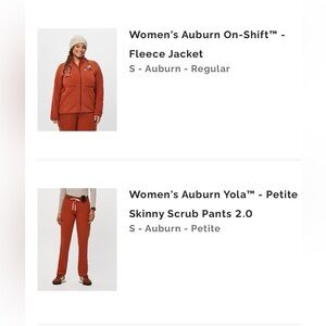 FIGS women’s Auburn 
S Yola petite Skinny Scrub Pants
S on-shift fleece jacket